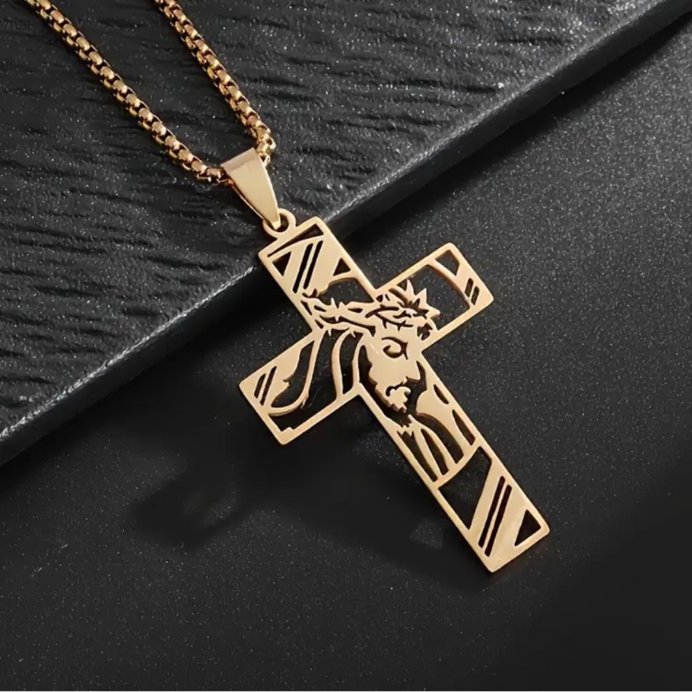 Jesus Engraved On The Cross Pendant Gold Necklace